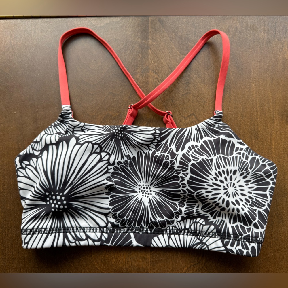 Rabbit Floral Black and White Sports Bra with Coral Straps